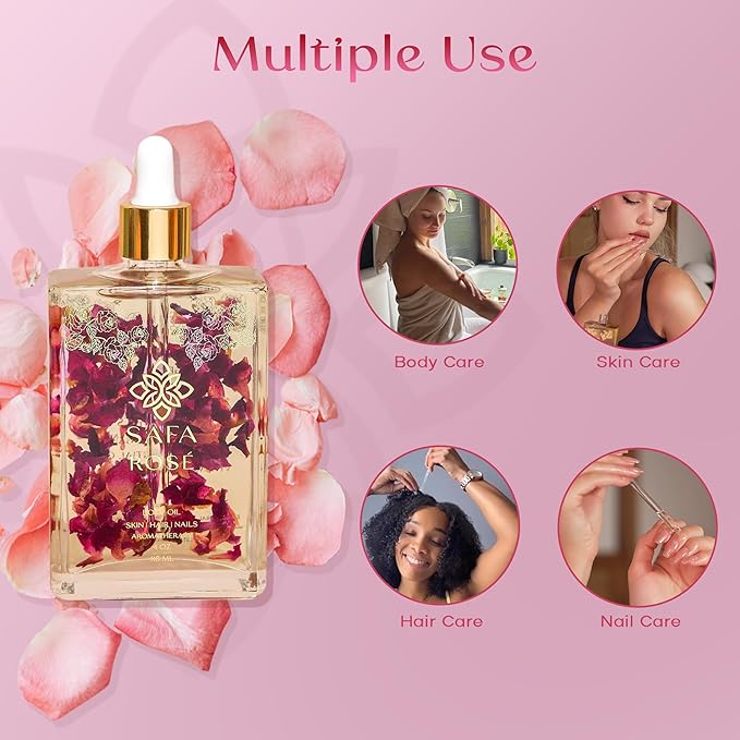 SAFA Rosé Oil - Organic Oil for Face, Body, Hair, Nails & Aromatherapy | Bulgarian Rose Essential Oil for Diffuser | After Shower Body Oil | Skin Moisturizer - 4 Fl Oz (1)