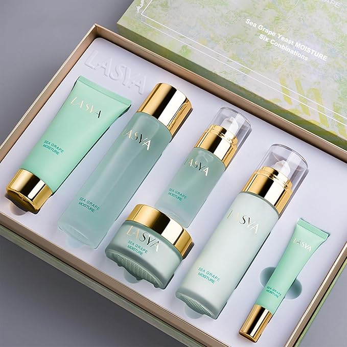 Sea Grape Skincare Set, 6-In-1 Skincare Gift Set With Facial Cleanser, Toner, Serum, Eye Cream, Lotion & Cream, Moisturizing Skin Care Kit For Women