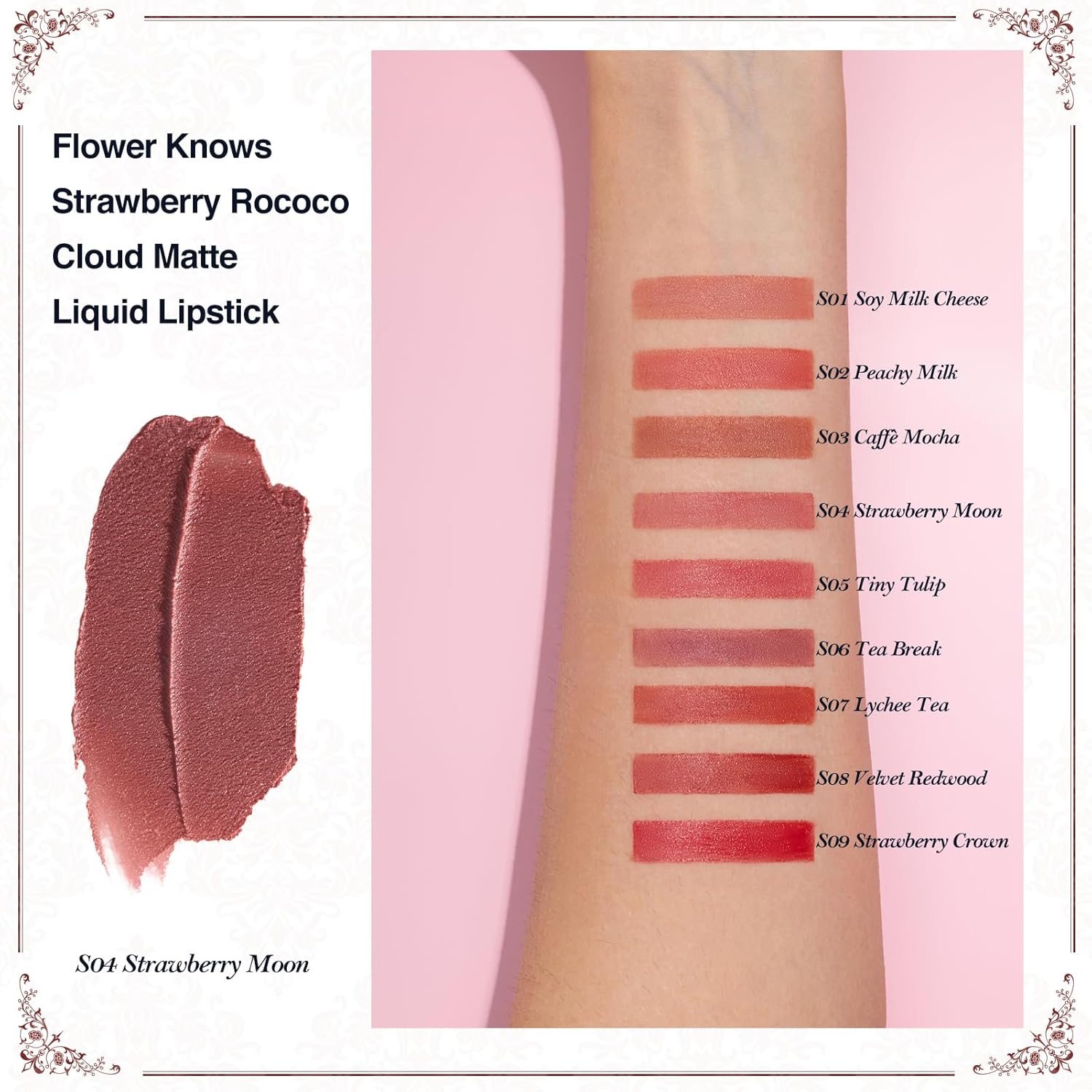 Flower Knows Strawberry Rococo Cloud Lip Cream,Velvety Matte Liquid Lipstick,Pink Lipstick,Long Lasting Lip Stain,Kiss-proof Blurred Lipstick for Girls&Women,0.12 Fl Oz(S04 Strawberry Moon)