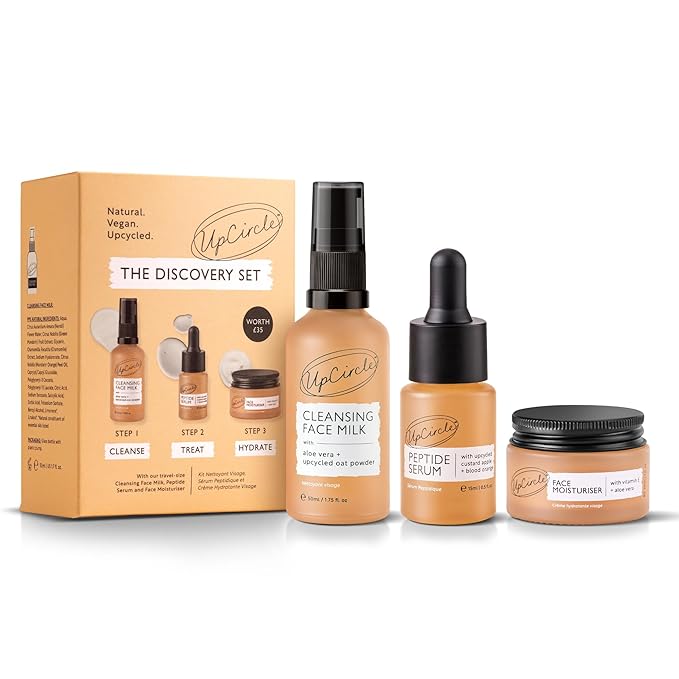 UpCircle Discovery Set – Cleansing Face Milk, Face Moisturiser and Peptide Serum Trio – Vitamin E, Niacinamide + Aloe Vera – Boosts Collagen, Hydrates + Soothes – Vegan + Cruelty-Free