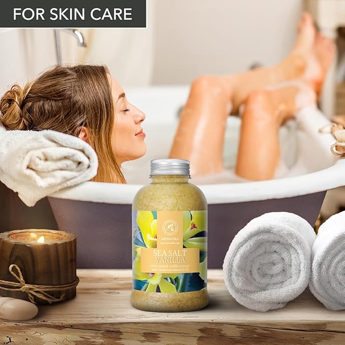 Sea Salt Vanilla 21.16 Oz - w/Vanilla & Cinnamon Essential Oils - Natural Bath Sea Salts - Best for Bath - Good Sleep - Relaxing - Body Care - Beauty