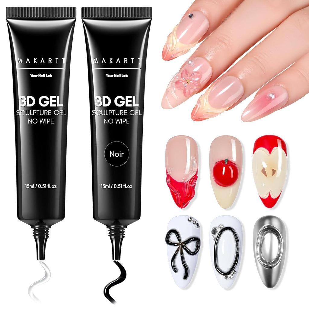 Makartt 3D Gel Nail Art Set – Clear & Noir Sculpting Gel for DIY Embossed Nail Designs – No Wipe Easy-Squeeze Tube Nail Glue for 3D Drawing, Molding, Rhinestones & Decoration (2 x 15g)