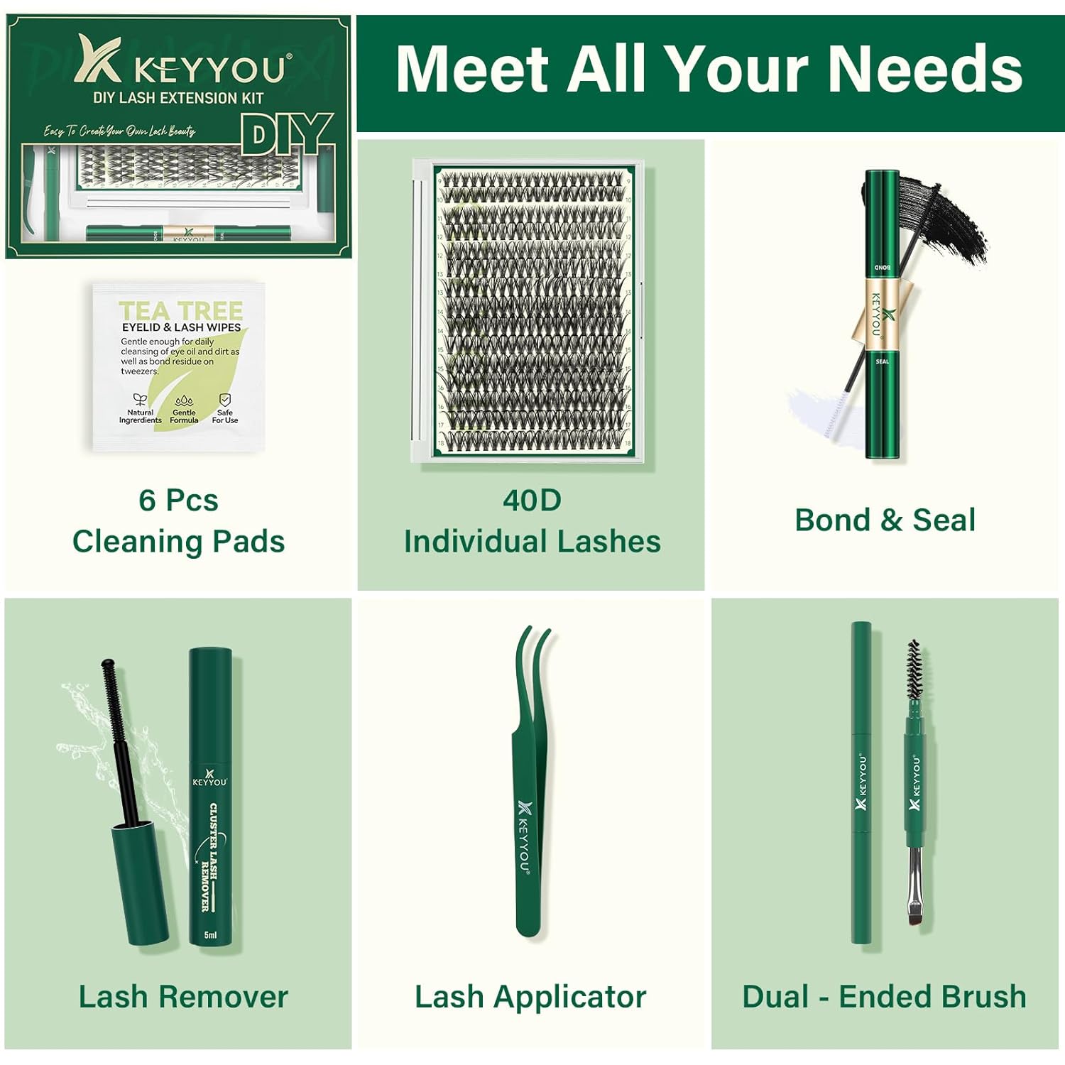 KEYYOU Lash Extension Kit DIY 300Pcs Lash Clusters Eyelash Extension Kit 40D C Curl 9-18MIX Lash Clusters Kit with Lash Glue Remover Applicator Easy to Use for Beginners(Kit,40D-C,9-18MIX)