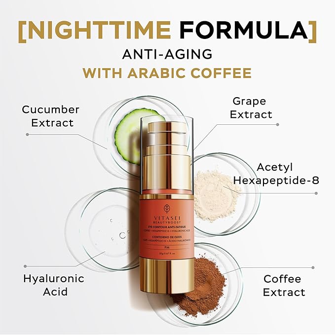 Moisturizing Night Serum w/Hyaluronic Acid, Cucumber, Grape & Coffee Extract for Dark Circles, Puffiness & Bags - Under Eye Hydration Serum for Women & Men (0.67 Fl Oz)