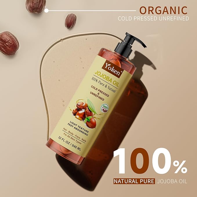 32 fl oz (EWG Verified) 100% Pure Jojoba Carrier Oil - Unrefined, Hexane-Free, Cold Pressed for Skin, Face, Hair, Nails, and Massage