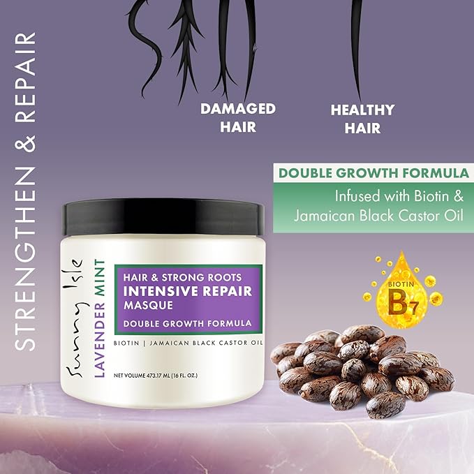 Sunny Isle Lavender Mint Hair and Strong Roots Intensive Repair Masque 16oz | Double Growth Formula | Biotin and Jamaican Black Castor Oil