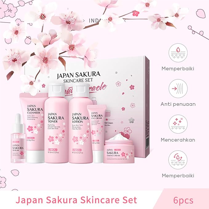 6 Pcs Skin Care Sets JAPAN SAKURA Women Beauty Gift Sets Sakura Skin Care Kit with Cleanser, Toner, Serum, Eye Cream, Lotion, Essence Cream Travel Kit for Women Teen Girls