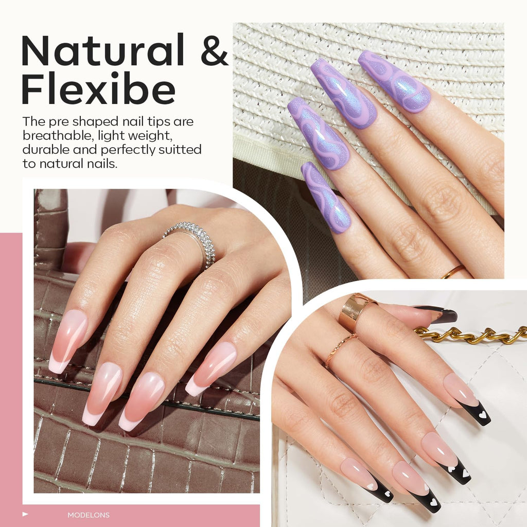 modelones Long Coffin Gel Nail Tips Kit, 9-in-One Nail Glue with Portable U V Lamp 216Pcs 12Sizes Pre-Etched Press ons Fake Acrylic Extension Kit DIY Salon Gift for Women