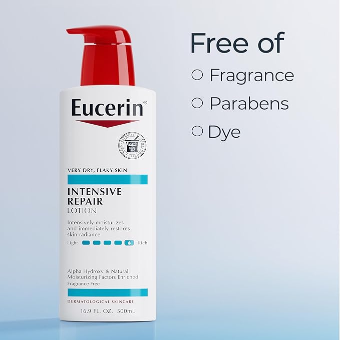 Eucerin Intensive Repair Body Lotion for Dry Skin with Alpha Hydroxy, Body Moisturizer for Very Dry Skin, Moisturizes, Exfoliates and Conditions, Paraben Free and Fragrance Free, 16.9 Fl Oz Bottle