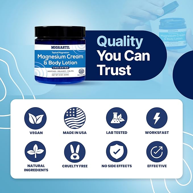 Topical Magnesium Cream & Body Lotion 4oz. - Promotes Sleep and Soothing Relief for Sore Muscles, Leg Cramps, Etc. Made in The USA.
