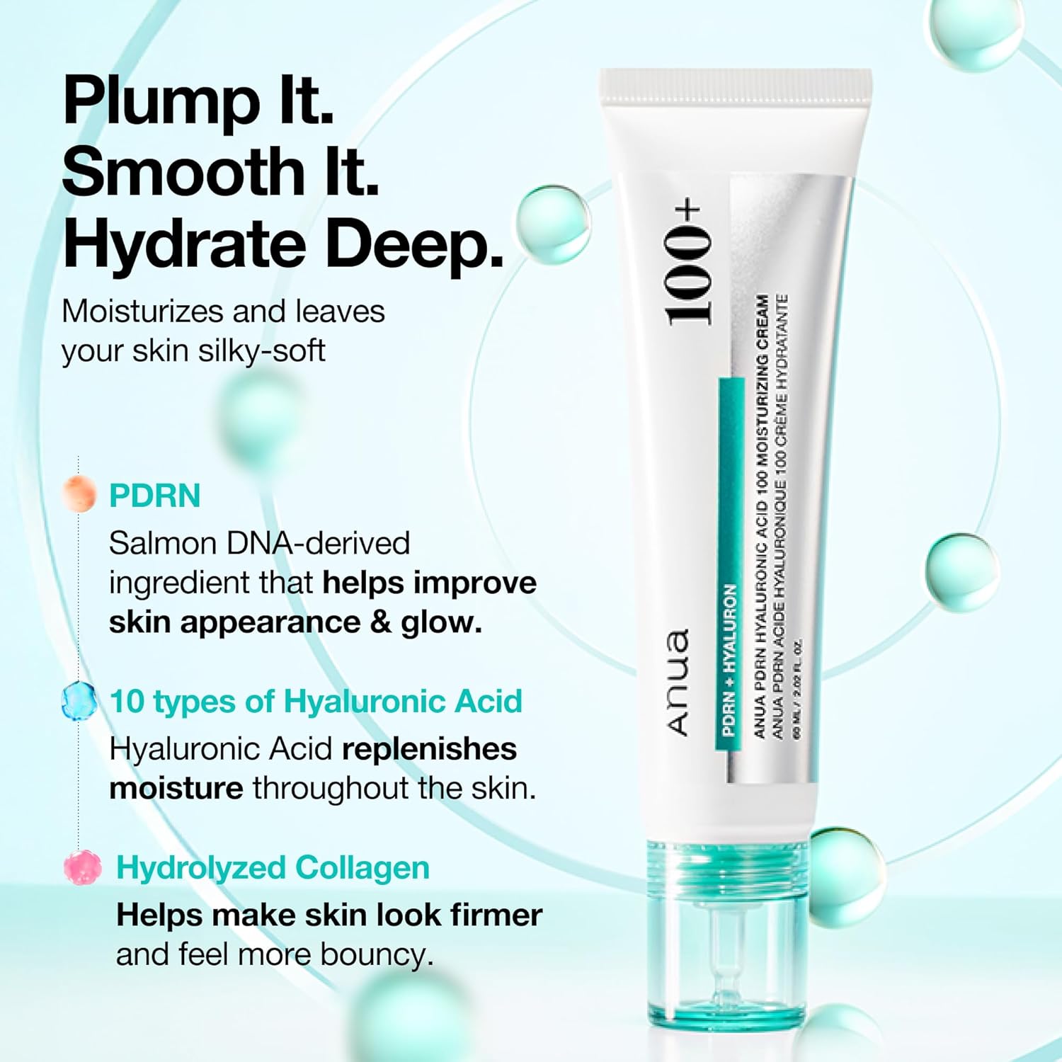 ANUA PDRN Hyaluronic Acid 100 Moisturizing Cream, Lightweight Hydrating Moisturizer with Salmon PDRN, Hyaluronic acid, Collagen for Glass Skin, Korean Skin Care (60ml / 2.02 fl. oz)