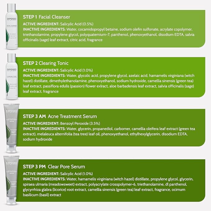 Exposed Skin Care Basic Acne Treatment Kit - Includes Salicylic Acid Face Wash, Clearing Tonic, Acne Treatment Serum with Benzoyl Peroxide, Clear Pore Serum - Acne Set Solution for All Skin Types