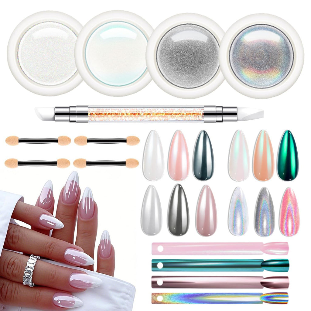 modelones Chrome Nail Powder 4 pcs, White Pearl Nail Chrome Powder, Iridescent Aurora Glitter Mermaid Silver Metallic Mirror Holographic Effect Pearlescent Pigment Dust Kit Resin Craft