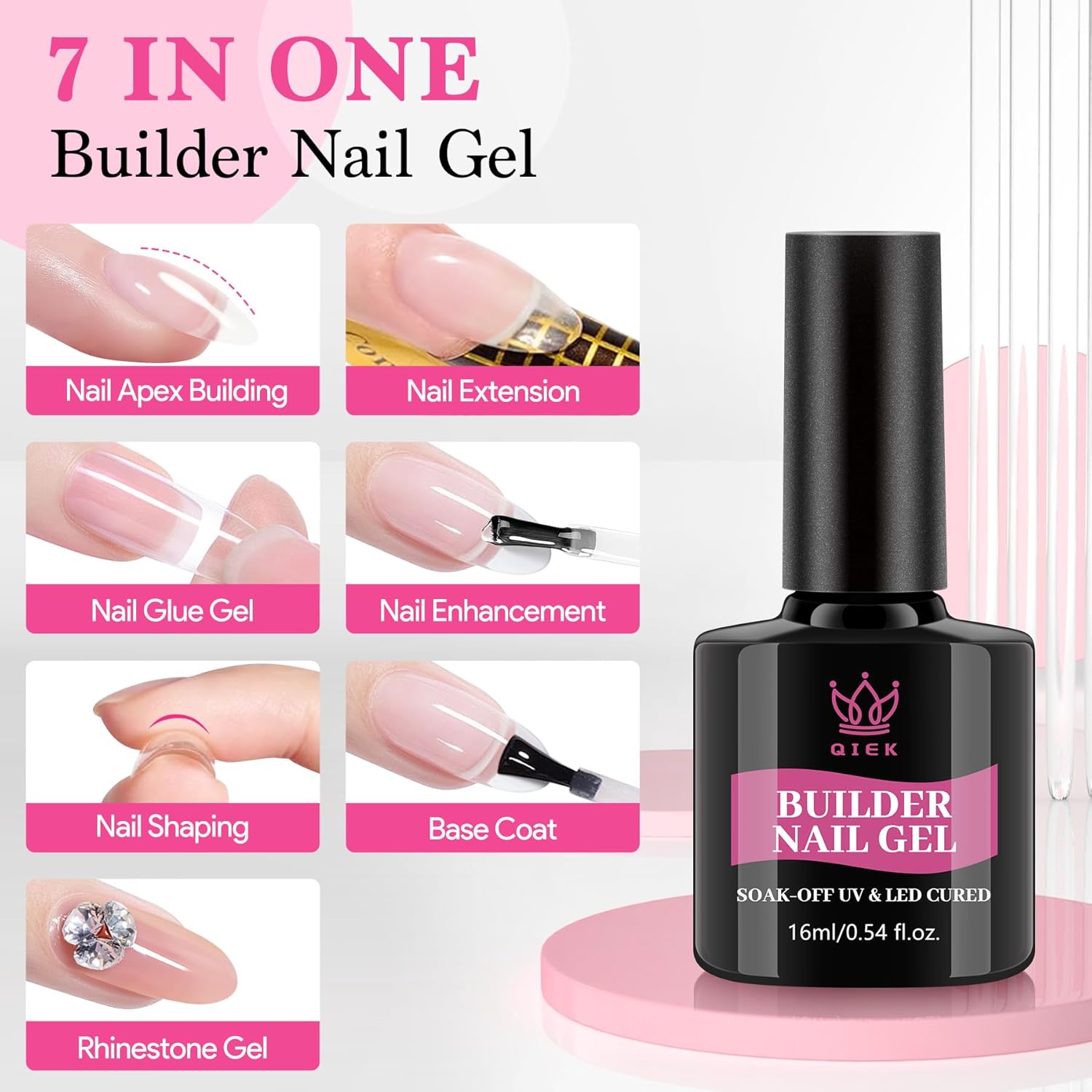 Builder Nail Gel, 7-in-One Builder for Nails Crystal Clear Strengthener Glue Apex Enhancement Extension Hard Building Gel LED Lamp Cured Rubber Base Coat for DIY Beginners& Salon Manicure 0.54 OZ