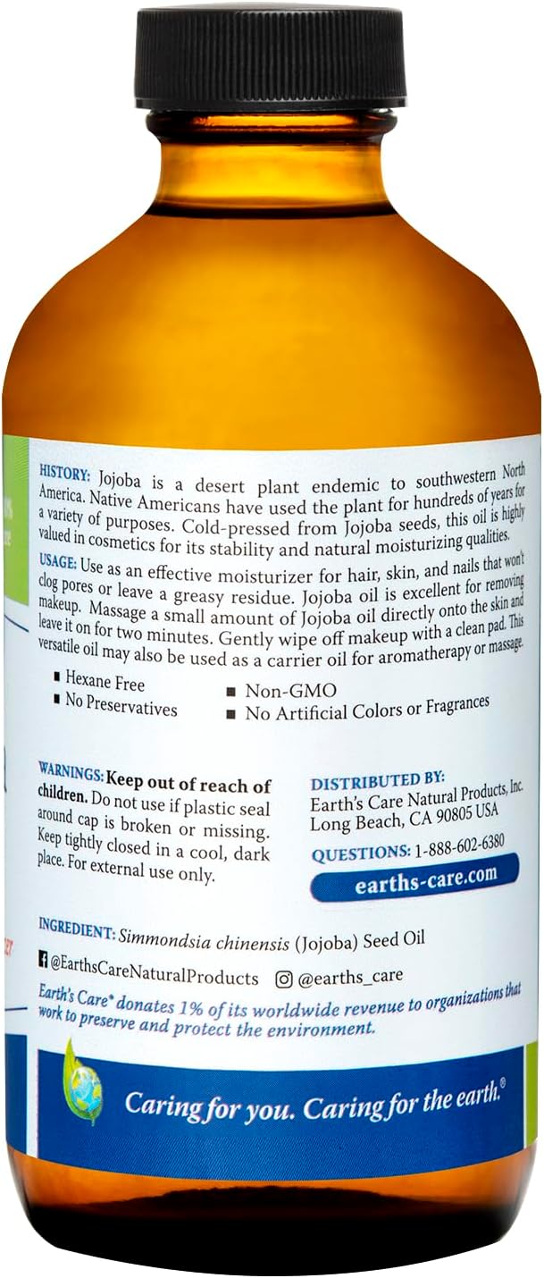 Earth’s Care Jojoba Oil - 100% Pure Jojoba Oil for Hair, Skin and Nails - Cold Pressed - Nourishing Natural Moisturizer - 8 FL OZ