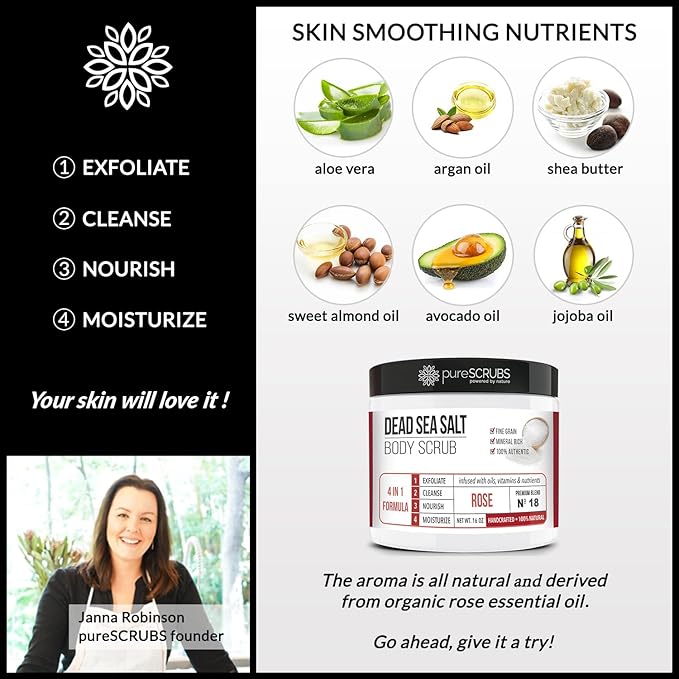 pureSCRUBS Premium Rose Body Scrub Set - Large 16oz Dead Sea Salt Body Scrub With Infused Essential Oils & Nutrients, Includes Wooden Spoon, Loofah & Oatmeal Exfoliating Bar Soap