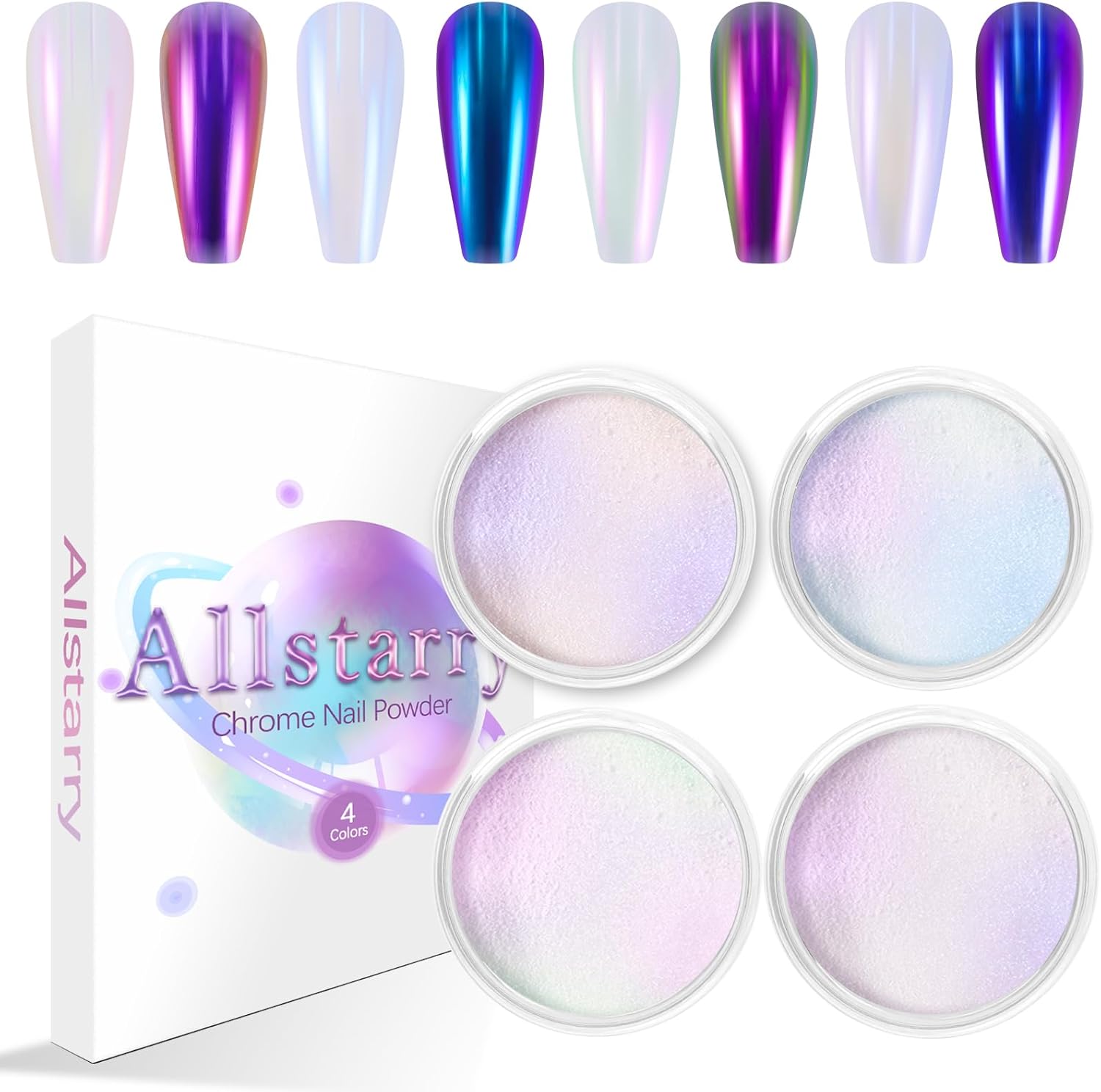 Allstarry White Chrome Nail Powder, 4 PCS Color-Shift Chameleon Mica Powder Pearlescent Pearl Pigment Aurora Chrome Effect Glitter Dust Iridescent for Gel Polish Nail Art Decoration, Resin Craft