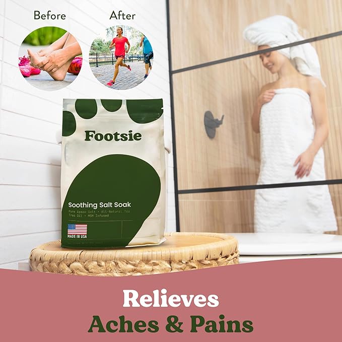 Footsie Soothing Tea Tree Oil Epsom Salt Soak - for Calluses, Aches & Pain, Athlete's Foot - Made in USA - Soothes Cracked Heels, Flaky Skin - 100% Organic, Pedicure Spa Salt - 48 Ounces