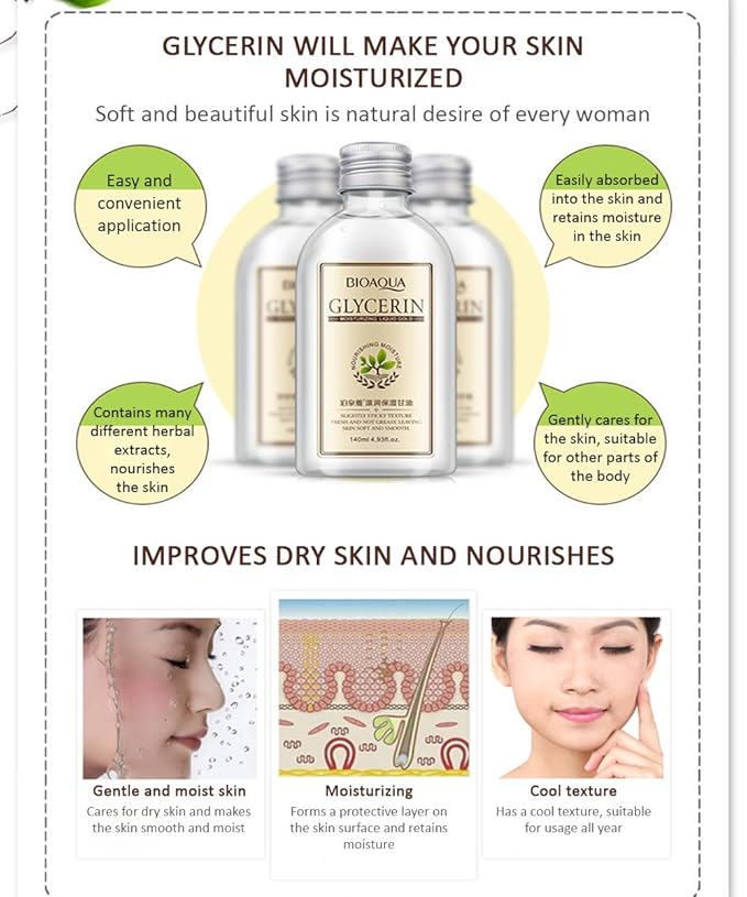 BIOAQUA Glycerin Natural Plant Fresh Extracts Herbal Nourishing Moisturizing Soft Skin Care Beautiful Healthy Glow 140 ml