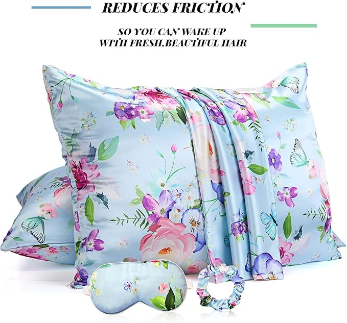 2 Pack Satin Pillowcase with Latent Zipper, Adjustable Satin Eye Mask for Sleeping and Satin Volume Scrunchie for Hair and Skin, Standard Size (Light Blue,Flower Style)