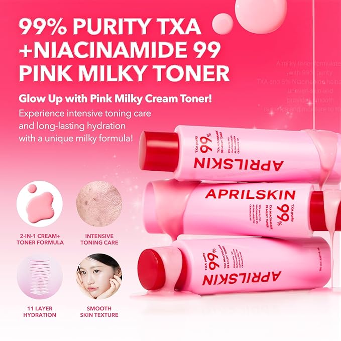 APRILSKIN TXA Overnight Glow Booster Trio: TXA Niacinamide Toning Shot 99 Spicule Facial Serum, TXA Niacinamide 99 Pink Milky Toner and TXA Niacinamide 99 Overnight Wrapping Mask