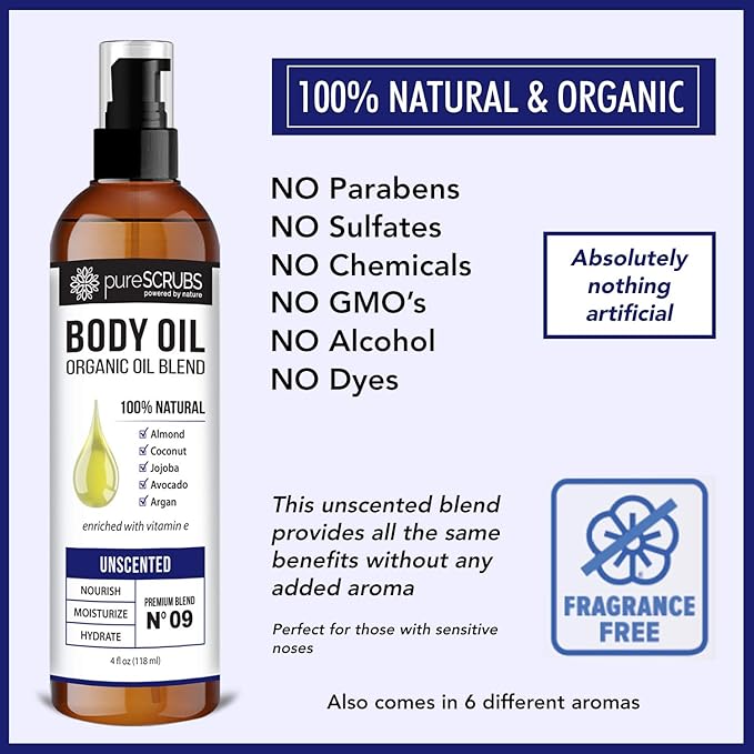 pureSCRUBS Ultra Moisturizing Unscented Body Oil Spray for Dry Skin, Massage, Stretch Marks, Organic Super Blend of Jojoba, Argan, Coconut, Sweet Almond & Avocado Oils Enriched with Vitamin E, Lg 4oz
