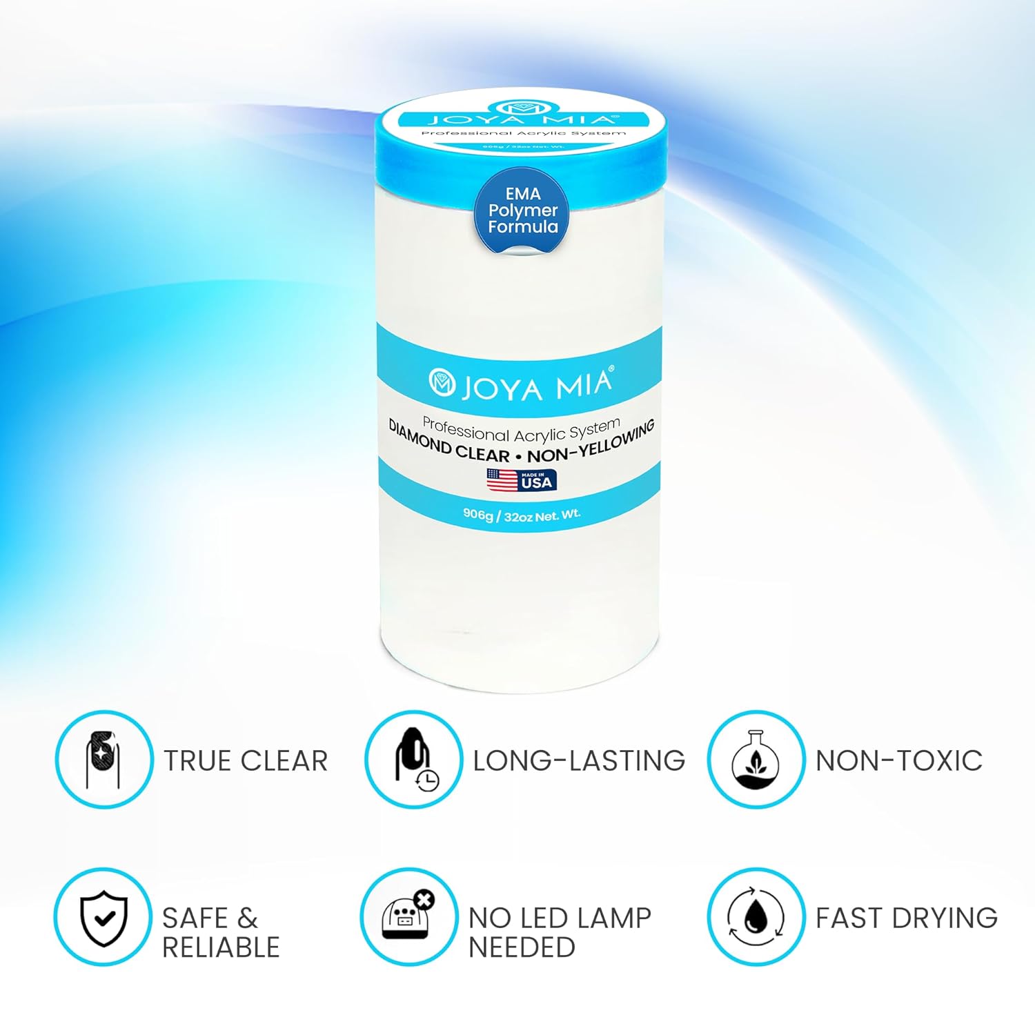 Joya Mia Acrylic Powder for Nails, MMA-Free, Super Adhesion Professional Powder for Flawless & Long-Lasting Nail Enhancements, Easy Application, Vibrant & Stunning Colors - Diamond Clear, 32 oz