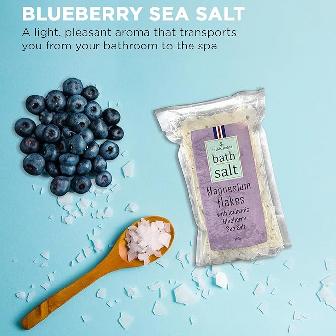 Magnesium Bath Salts Icelandic Blueberry Sea Salt 200g - Luxury Alternative to Epsom Salt Bath Soak, Magnesium Flakes Sitz Baths, Foot Soaks, Magnesium Chloride Relaxing Magnesium Soak