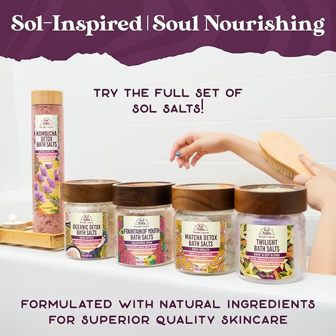 PURPLE CANYON SolSalts Fountain of Youth Bath Salts | Lavender, Rose, & Cedar Leaf Scented Detox Soak with Epsom Salt, Amla & Rosehip for Glowing Skin