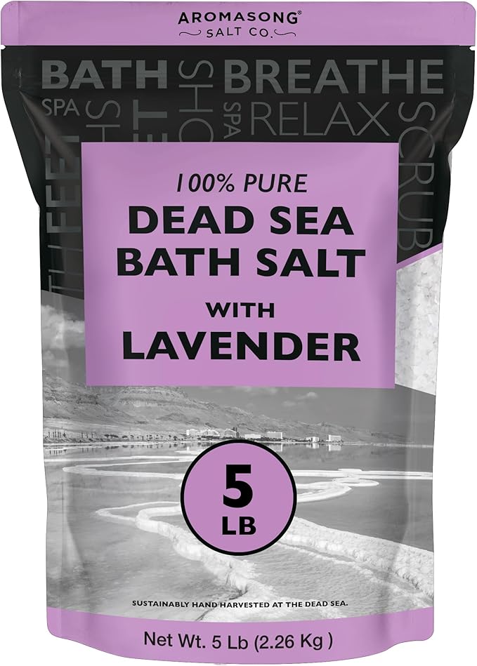 Aromasong RAW Dead Sea Salt with 100% Natural Lavender, 5 Lb, Not Cleaned, Still Contains All Dead Sea Minerals Including Dead Sea Mud, Fine Medium Grain Large Resealable Pack. (Packaging May Vary)