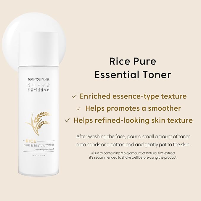 THANKYOU FARMER Rice Pure Skincare Set, Full Size Toner(7.03 fl oz) + Mini Size Ampoule(0.35 fl oz) Korean Skincare Set, Glass Skin Korean Skincare