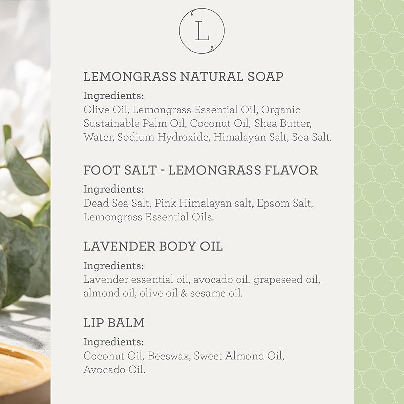 Lizush Lemongrass 6-Piece Spa Gift Set for Women - Relaxing Self-Care Basket, Luxury Handmade Body Care Items for Premium Relaxation - Happy Birthday - Handmade in the USA