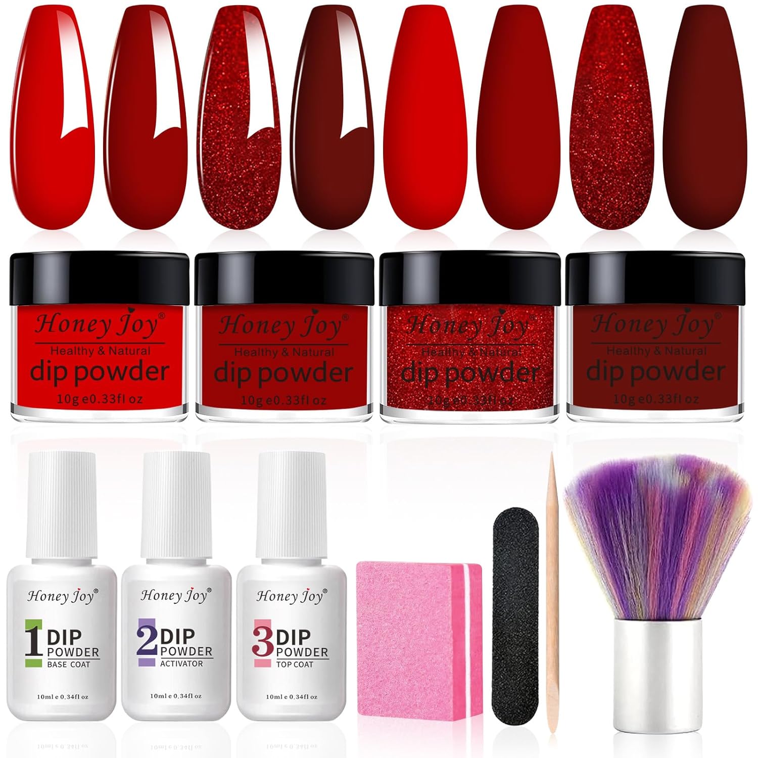 Honey Joy Dip Powder Nail Kit Starter,4 Colors Wine Red Glitter Dark Barn Red Dipping Powder Liquid Set with Base Top Coat for Nail Art Manicure Salon DIY No LED Nail Lamp Needed, Dip-7pcs-No.22