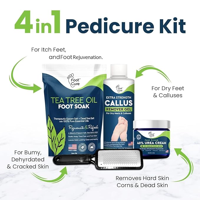 Foot Cure Foot Care/ Exfoliator & Callus Remover Pedicure Set – Includes Foot File for Dead Skin, Tea Tree Oil Foot Soak Salts, Urea Cream 40 Percent & Foot Callus Removal Gel – Made in USA