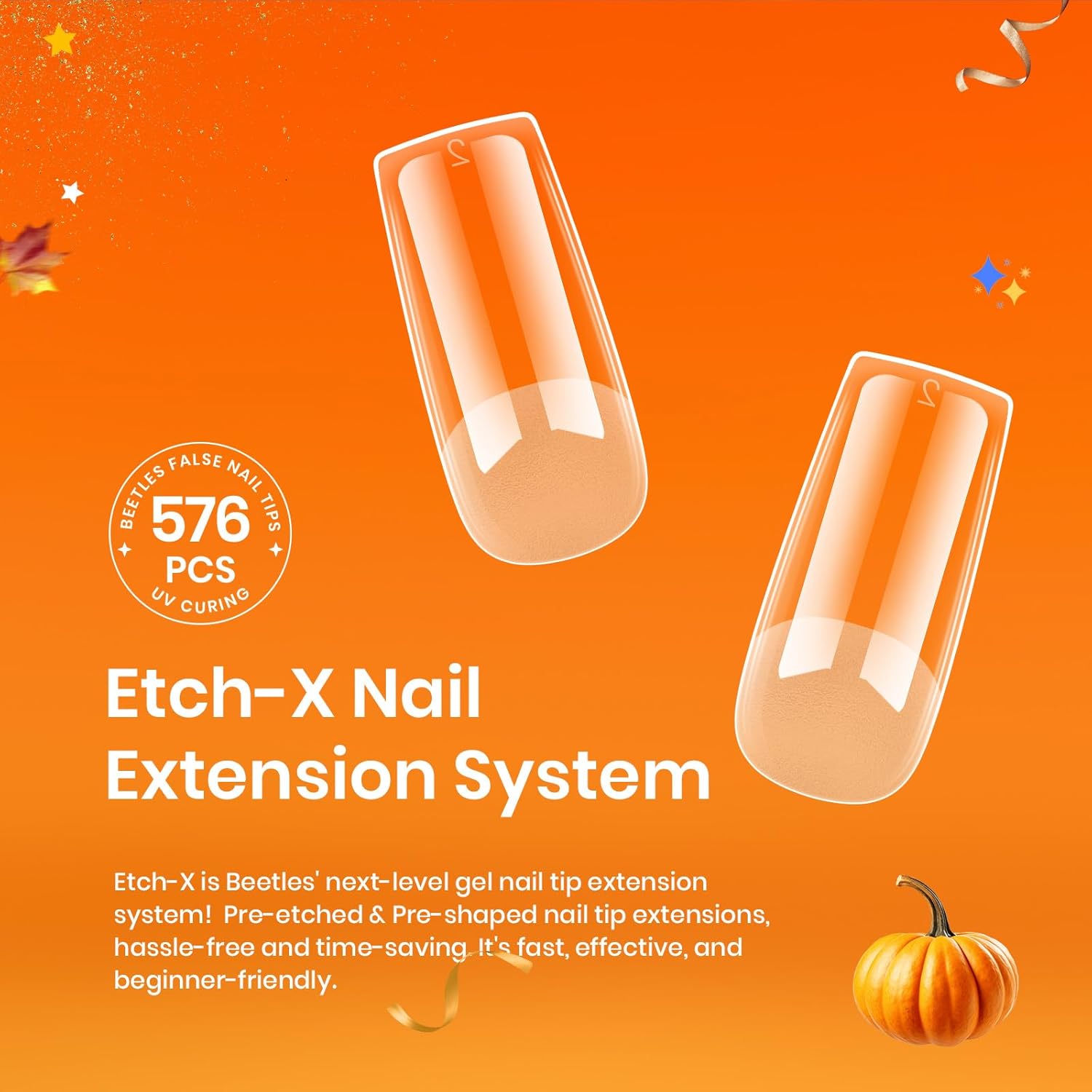 Beetles Nail Tips Medium Square 576Pcs 12 Sizes - Pre-Etched Soft Acrylic Nail Tips Half Matte False Nails Nail Art Full Cover Press Ons Nail Extensions Gift Set Home DIY Nail Salon