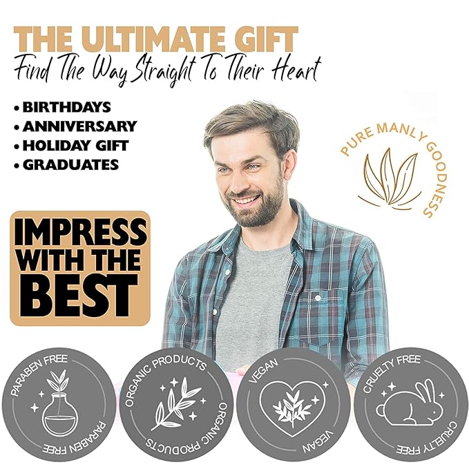 Pure Mens Bath and Body Gift Set. 7 Pc Natural Spa Gift Basket for Men. Spa Gift Set is #1 Ideal Gift for Men That Care about themselves!