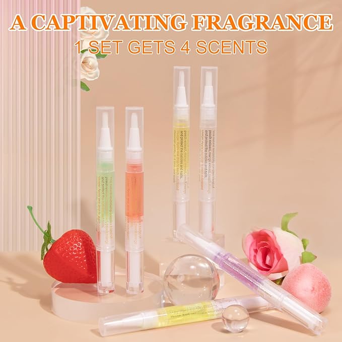 Meschett 4PCS Cuticle Oil Pens with Nail File for Nail Care, Nail Pen Oil with Natural Ingredients, Fingernails and Toenails Oil Cuticle for Repairing Cracked(Mix Flavors)