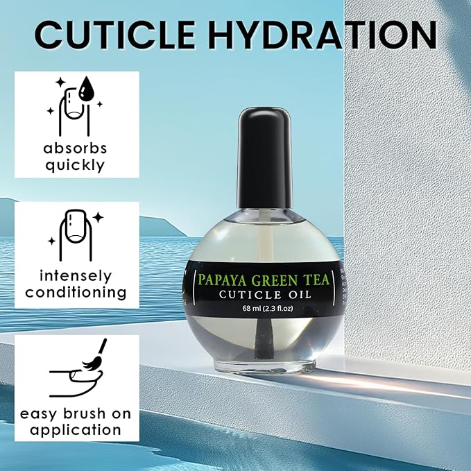 Moisturizing Cuticle & Nail Care Oil 2.3 Fl Oz - Papaya Green Tea Scented – Infused with Jojoba Oil, Aloe, Vitamin E – Nail & Cuticle Hydration, Repair, Moisturizer, Strengthener, Growth