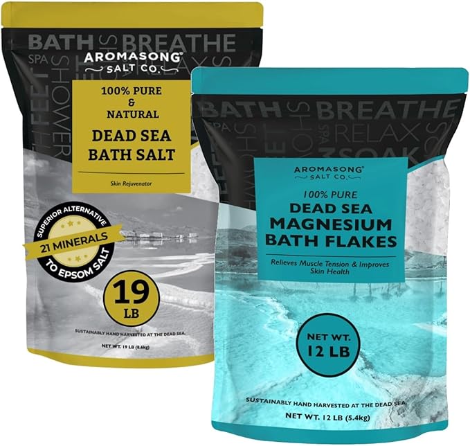 Aroamsong Ultimate Relaxation Bundle: 100% Pure Dead Sea Salt (19lb) & 100% Pure Dead Sea Magnesium Flakes (12lb) for Bath Soaks & Spa Treatments