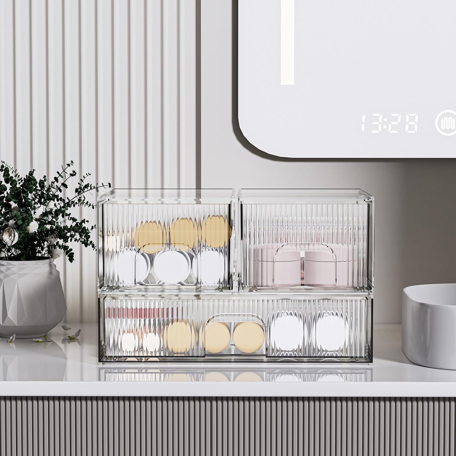 ZHIAI 3 Pack Clear Stackable Cosmetic Organizer with Acrylic Drawers for Cosmetics and Small Items for Dresser, Vanity, Kitchen Cabinet, Pantry, Home Organization and Storage
