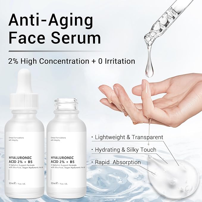 Hyaluronic Acid 2% + B5 Hydration Support Formula, Hyaluronic Acid Serum For Face - Large 30ml/1oz, 2Pcs
