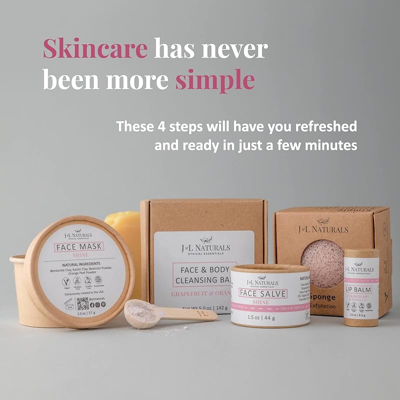J&L Naturals Simple Skin Regimen Kit With Cleansing Bar, Face Salve, Konjac Sponge, Lip Balm | For Dull and Normal Skin | Zero Waste (Shine (normal, dull skin), Exceptional)