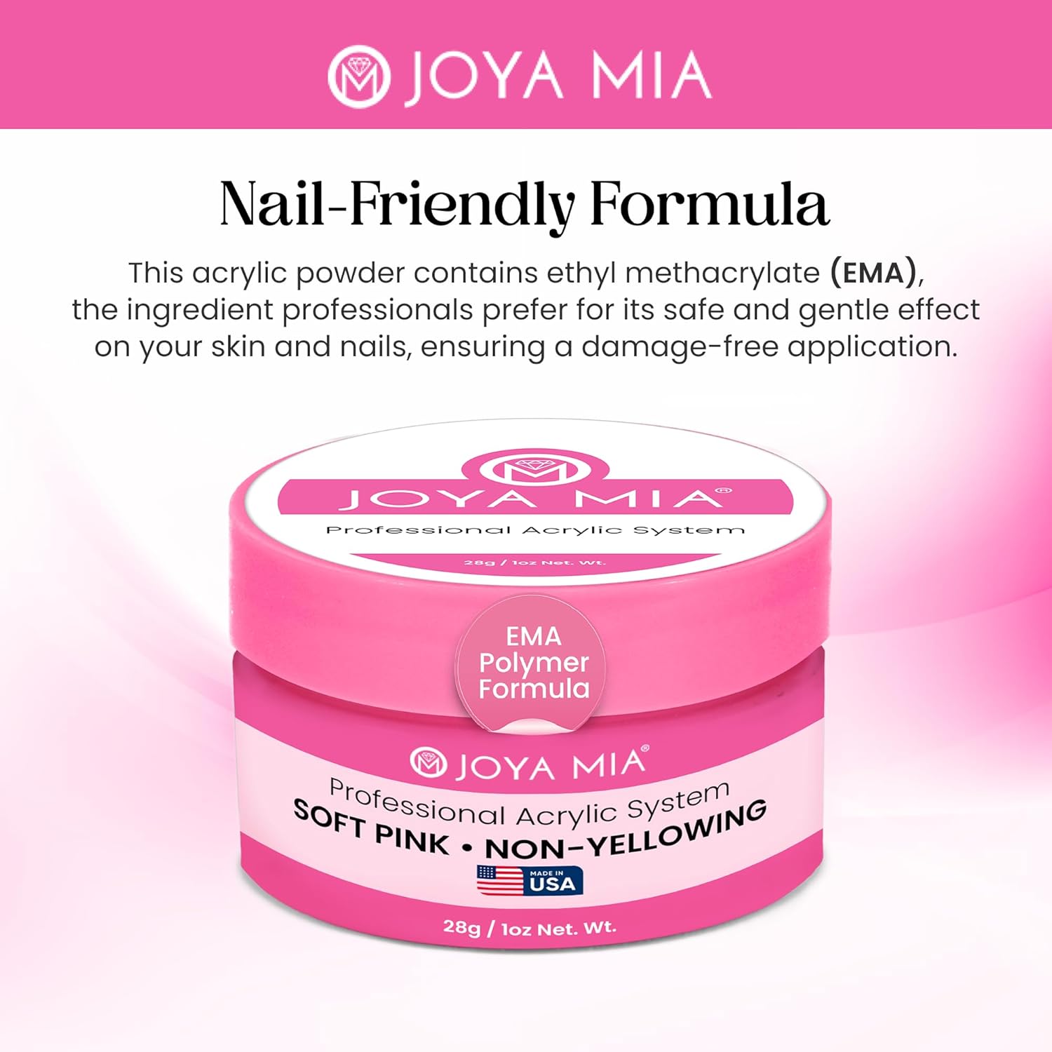 Joya Mia Acrylic Powder for Nails, MMA-Free, Super Adhesion Professional Powder for Flawless & Long-Lasting Nail Enhancements, Easy Application, Vibrant & Stunning Colors - Soft Pink, 1 oz
