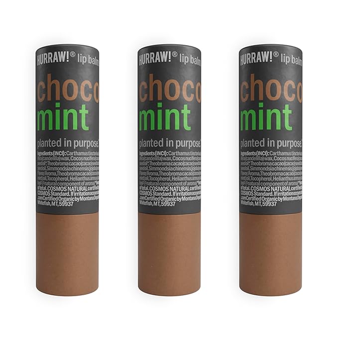 Hurraw! Chocolate & Mint Lip Balm, 3 Pack: Plastic-Free with new cardboard push-up tube. Certified Organic, All Natural Origin, Vegan & Cruelty Free. Gluten, Bee, Shea, Soy & Palm Free. Made in USA