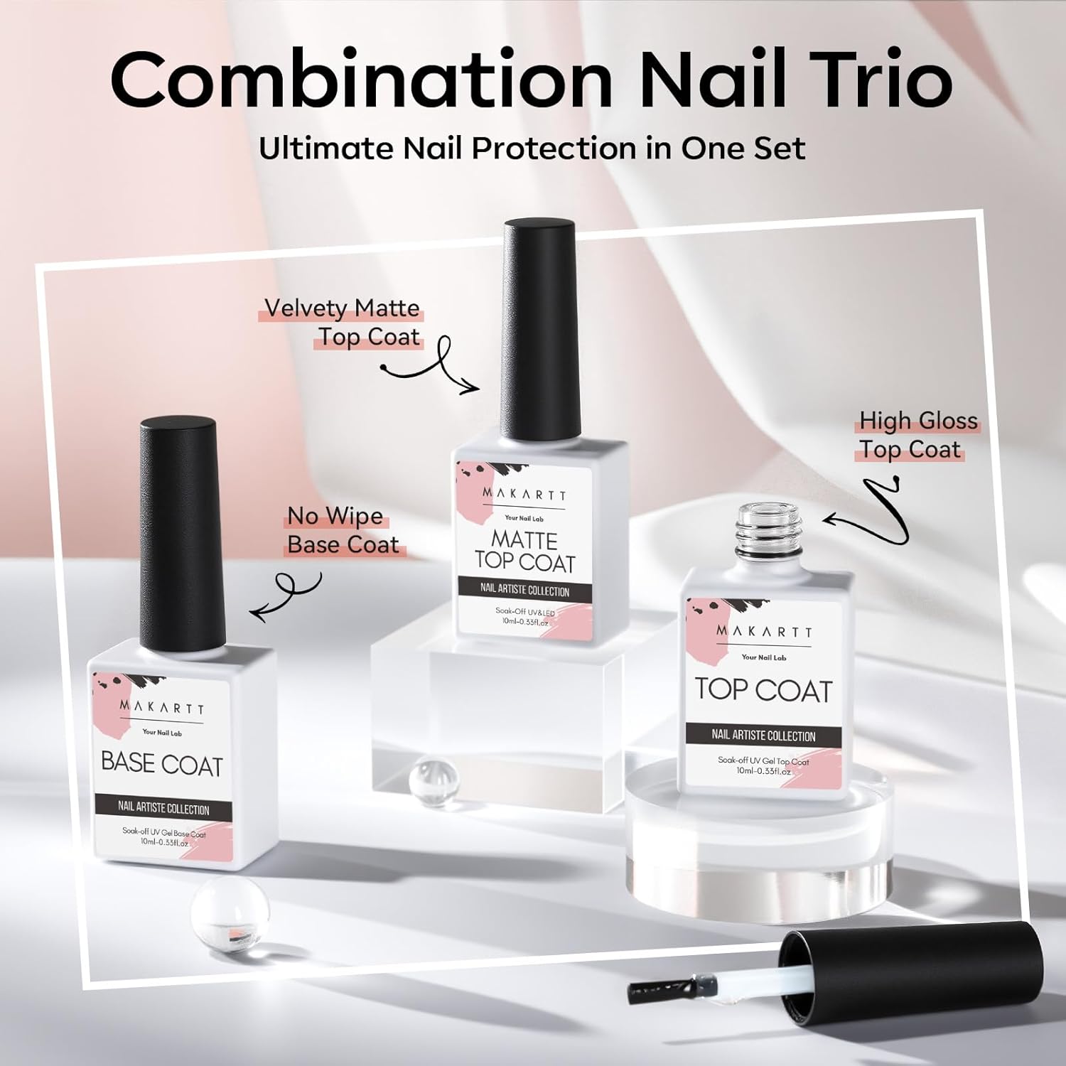 Makartt No Wipe Gel Top and Base Coat Set – Matte & Glossy Finish, 3pcs Soak-Off Long Lasting Gel Nail Polish Essentials, No Yellowing, UV/LED Lamp Required, DIY Nail Art Gift for Women, 10ml
