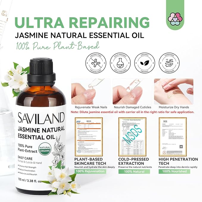 SAVILAND Jasmine Essential Oil for Cuticle Nails Hands: Ultra Repairing Cuticle Oil 100% Pure Plant-Based Nail Strengthener Hand Oils for Dry Hand Damaged Cuticle Weak Nail Care with Travel Bottle