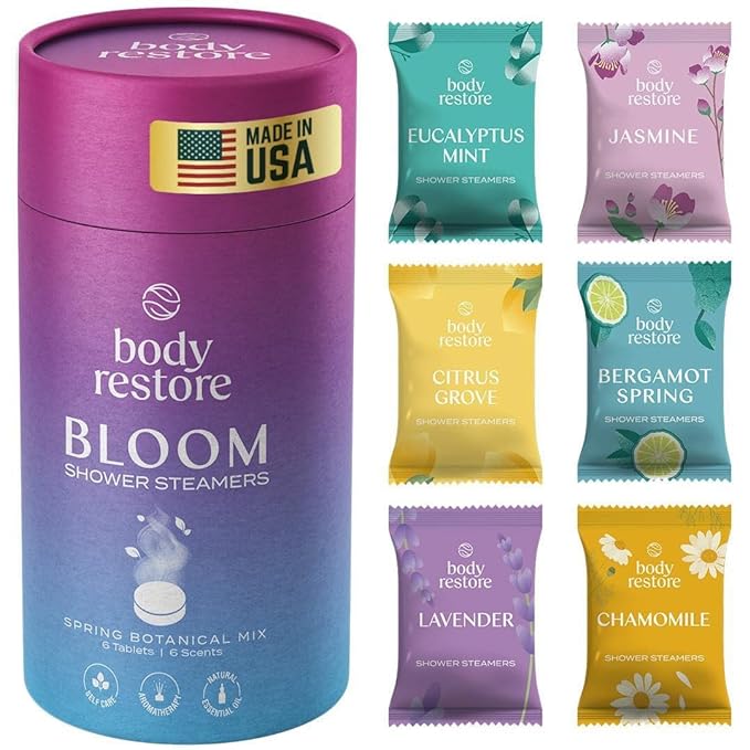 Body Restore Shower Steamers Aromatherapy 6 Pack - Mothers Day Gifts for Mom, Grandma, Birthday Gift for Dad, Daughter, Best Friend, Travel Essentials, Stress Relief, Self Care, Bath Bombs - Bloom