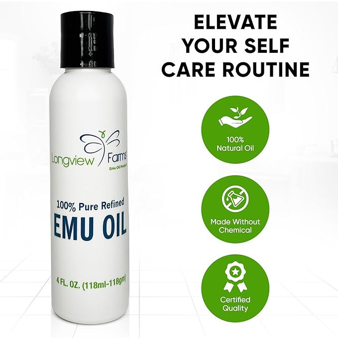 Longview Farms® Emu Oil - Hair and Body - 100% Pure & Refined | Pure Emu Oil for Skin & Hair Care | Premium Quality Hydration & Nourishment | 1 Fl. Oz