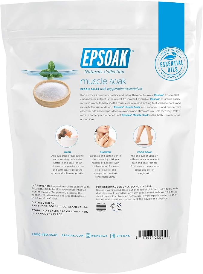 Epsoak Muscle Soak 4 lbs. - Speed Muscle Recovery, Soothe Aching Muscles, and Reduce Inflammation with Epsom Salt & Premium Eucalyptus & Peppermint Essential Oils (Qty 2 x 2 lb. Bags)