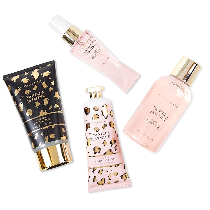 Tahari Vanilla Jasmine Spa Gift Set for Women – Luxurious Bath Kit with Body Lotion, Body Wash & Body Mist – Perfect Selfcare Gifts for Women (Leopard)